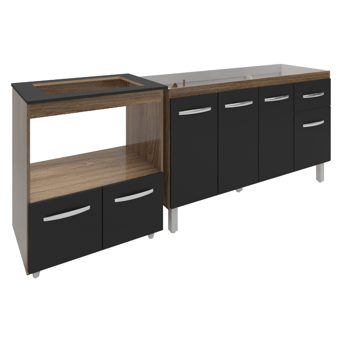 Balcão Cozinha Gabinete de Pia 140 cm Camila e Balcão Evelyn Para Fogão Cooktop 4 Bocas e Forno Elétrico Savana Preto 