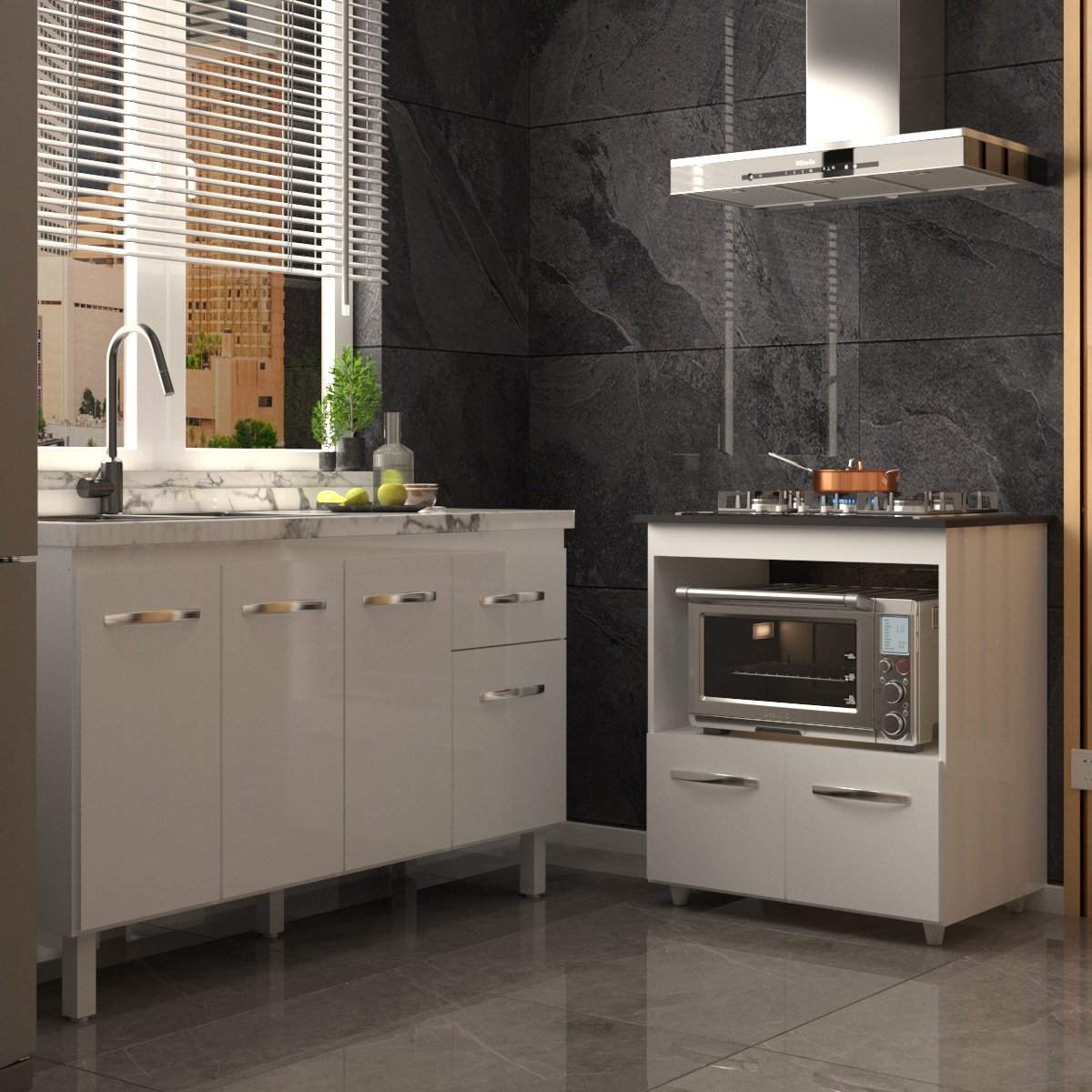 Balcão Cozinha Gabinete de Pia 140 cm Camila e Balcão Evelyn Para Fogão Cooktop 5 Bocas e Forno Elétrico Branco 