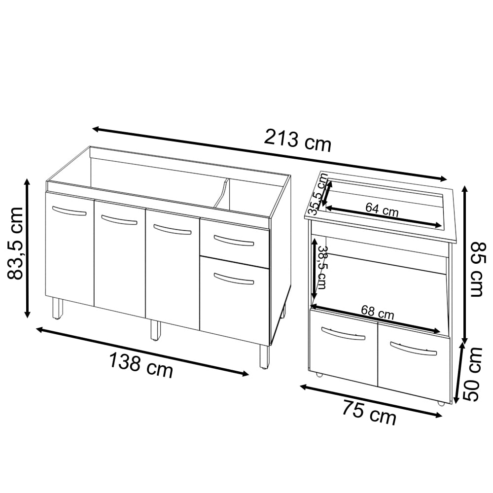 Balcão Cozinha Gabinete de Pia 140 cm Camila e Balcão Evelyn Para Fogão Cooktop 5 Bocas e Forno Elétrico Branco 