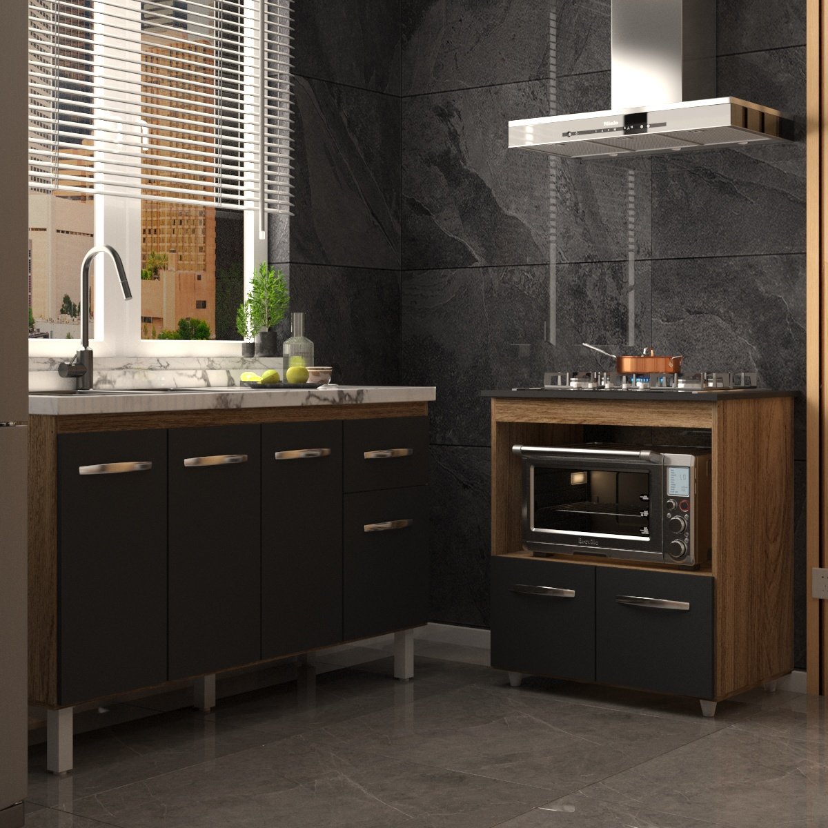 Balcão Cozinha Gabinete de Pia 140 cm Camila e Balcão Evelyn Para Fogão Cooktop 5 Bocas e Forno Elétrico Savana Preto 