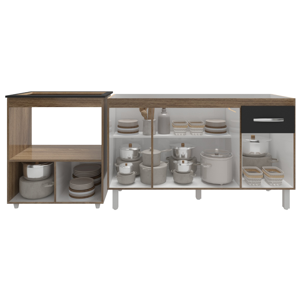 Balcão Cozinha Gabinete de Pia 140 cm Camila e Balcão Evelyn Para Fogão Cooktop 5 Bocas e Forno Elétrico Savana Preto 