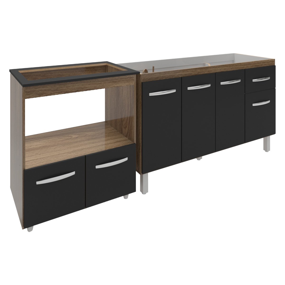 Balcão Cozinha Gabinete de Pia 140 cm Camila e Balcão Evelyn Para Fogão Cooktop 5 Bocas e Forno Elétrico Savana Preto 