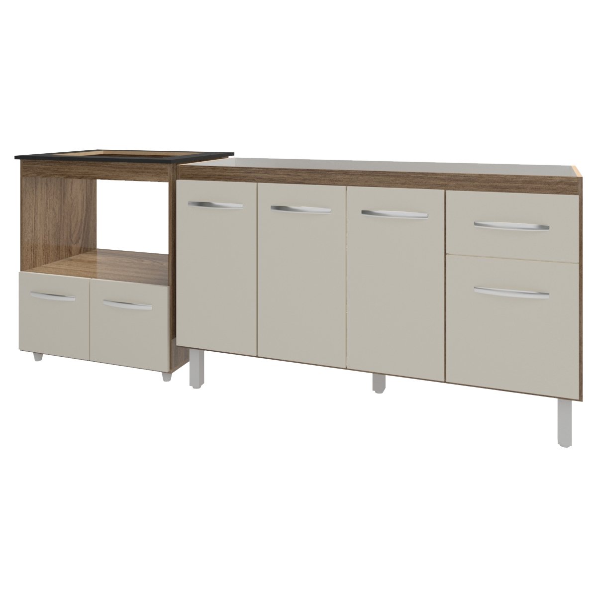 Balcão Cozinha Gabinete de Pia 140cm Camila e Balcão Evelyn Para Fogão Cooktop 4 Bocas e Forno Elétrico Savana Off White 