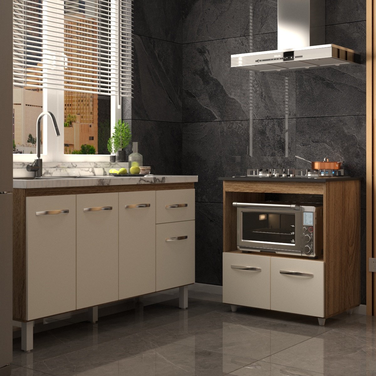 Balcão Cozinha Gabinete de Pia 140cm Camila e Balcão Evelyn Para Fogão Cooktop 4 Bocas e Forno Elétrico Savana Off White 