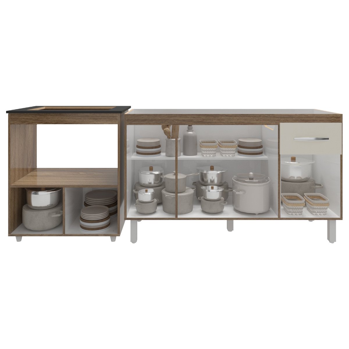 Balcão Cozinha Gabinete de Pia 140cm Camila e Balcão Evelyn Para Fogão Cooktop 4 Bocas e Forno Elétrico Savana Off White 