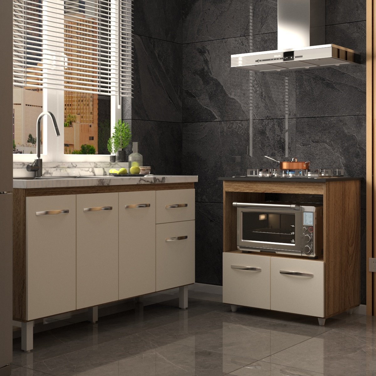 Balcão Cozinha Gabinete de Pia 140cm Camila e Balcão Evelyn Para Fogão Cooktop 5 Bocas e Forno Elétrico Savana Off White 
