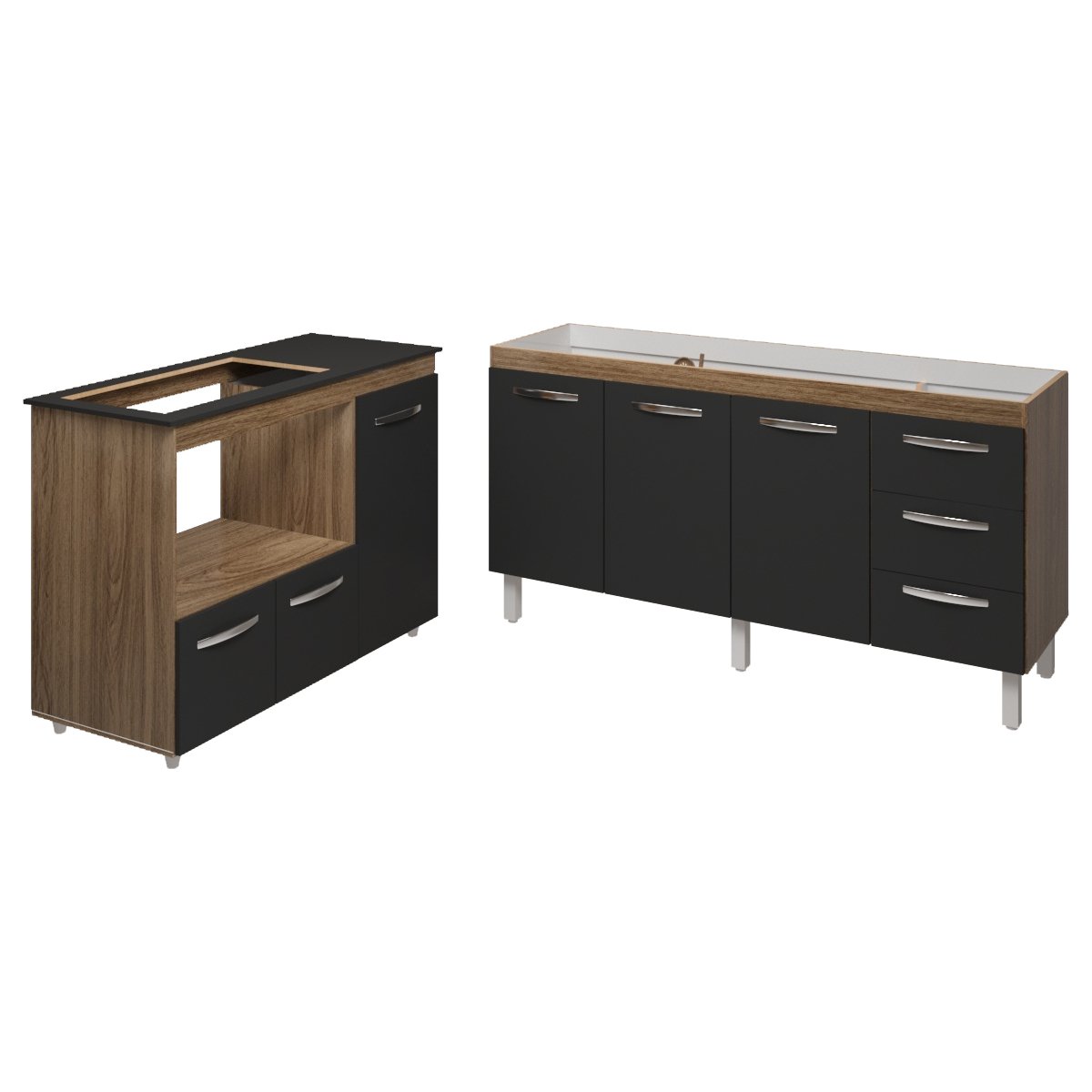 Balcão Cozinha Gabinete de Pia 160 cm Estela e Balcão Para Fogão Cooktop 5 Bocas e Forno Elétrico Alana Savana Preto 