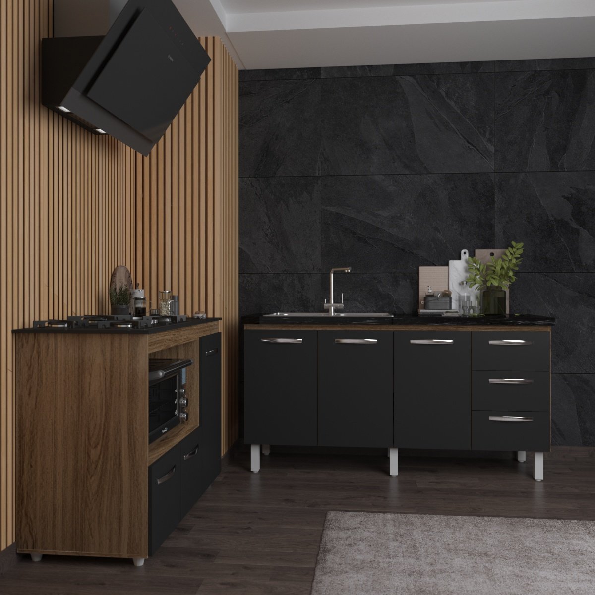 Balcão Cozinha Gabinete de Pia 160 cm Estela e Balcão Para Fogão Cooktop 5 Bocas e Forno Elétrico Alana Savana Preto 