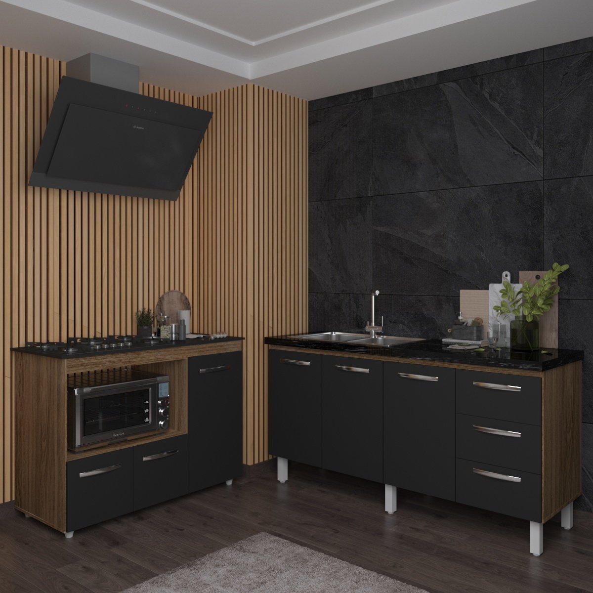 Balcão Cozinha Gabinete de Pia 160 cm Estela e Balcão Para Fogão Cooktop 5 Bocas e Forno Elétrico Alana Savana Preto 