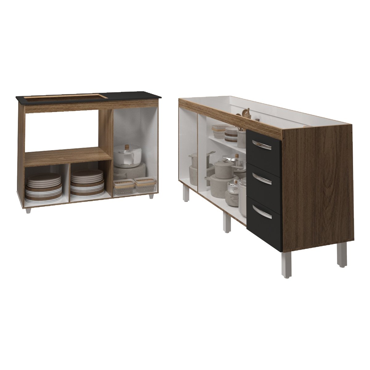 Balcão Cozinha Gabinete de Pia 160 cm Estela e Balcão Para Fogão Cooktop 5 Bocas e Forno Elétrico Alana Savana Preto 