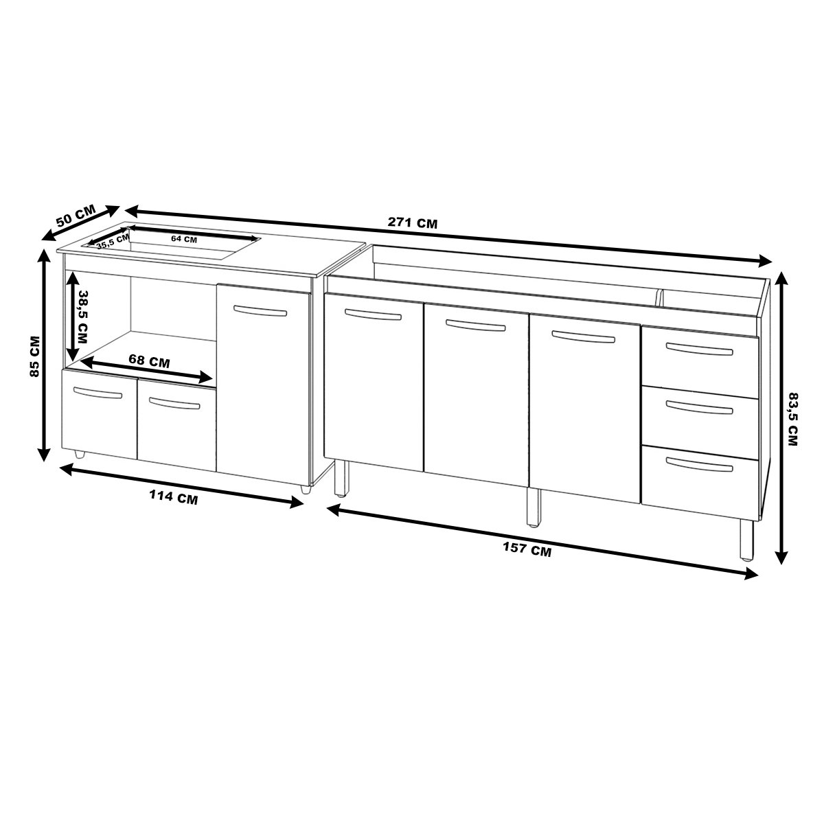 Balcão Cozinha Gabinete de Pia 160 cm Estela e Balcão Para Fogão Cooktop 5 Bocas e Forno Elétrico Alana Savana Preto 