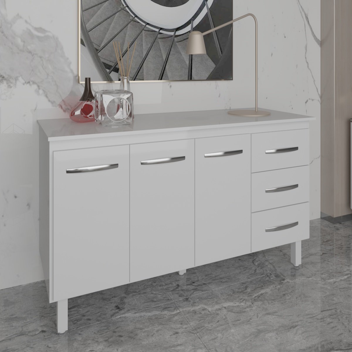 Balcão Gabinete Armário Cozinha Carine Branco com Tampo Tampão 140 cm Mobília Decor Branco 