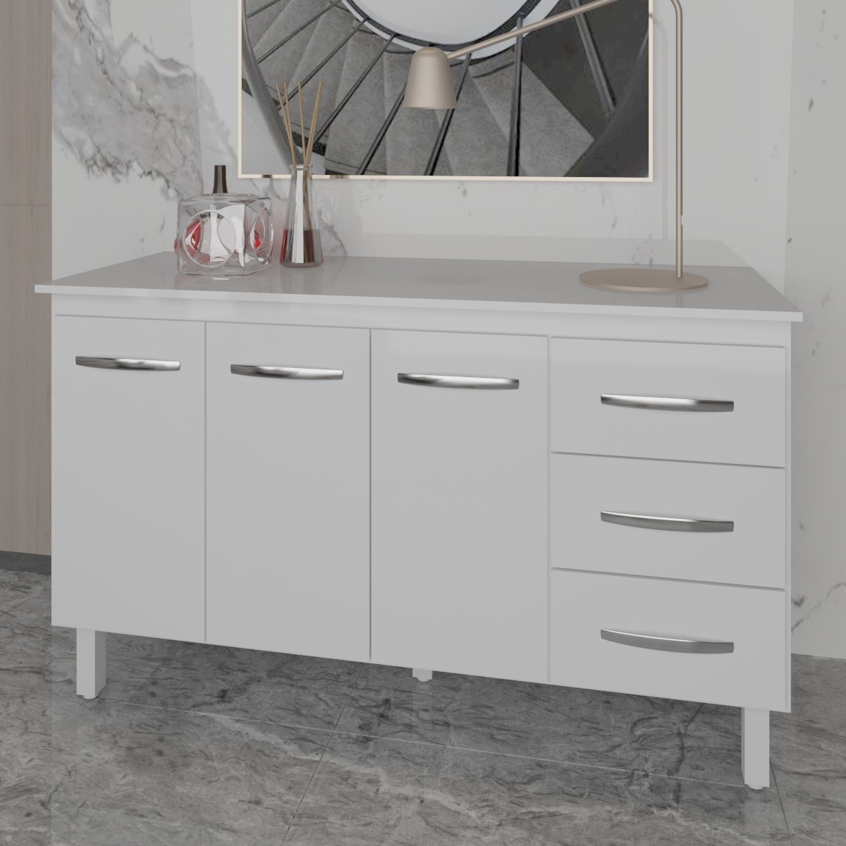 Balcão Gabinete Armário Cozinha Carine Branco com Tampo Tampão 140 cm Mobília Decor Branco 