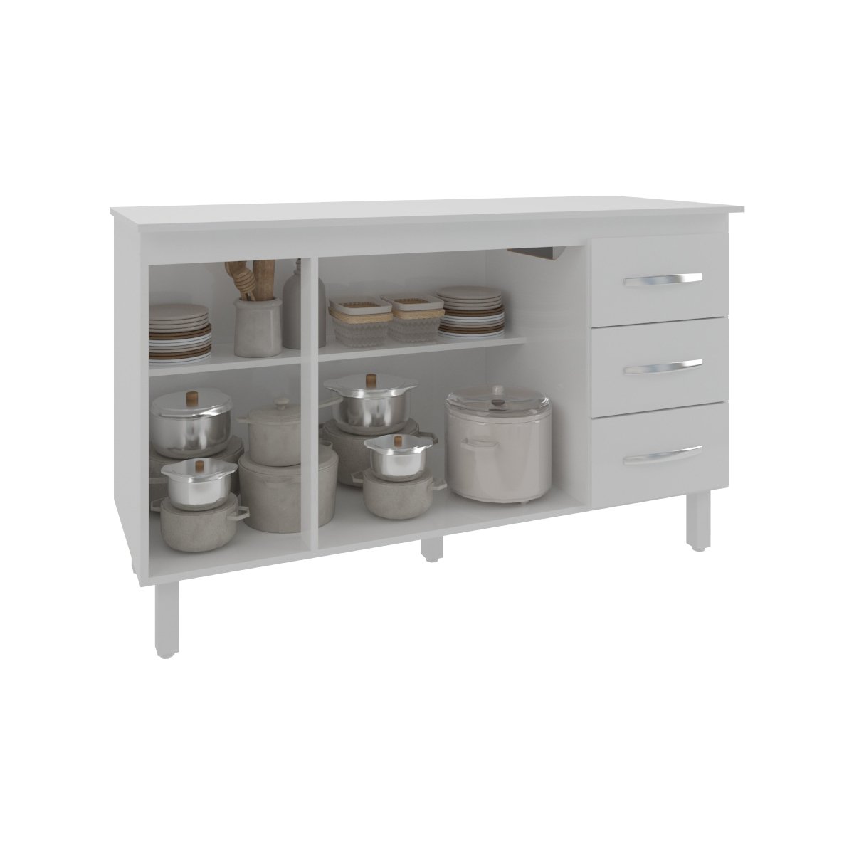 Balcão Gabinete Armário Cozinha Carine Branco com Tampo Tampão 140 cm Mobília Decor Branco 