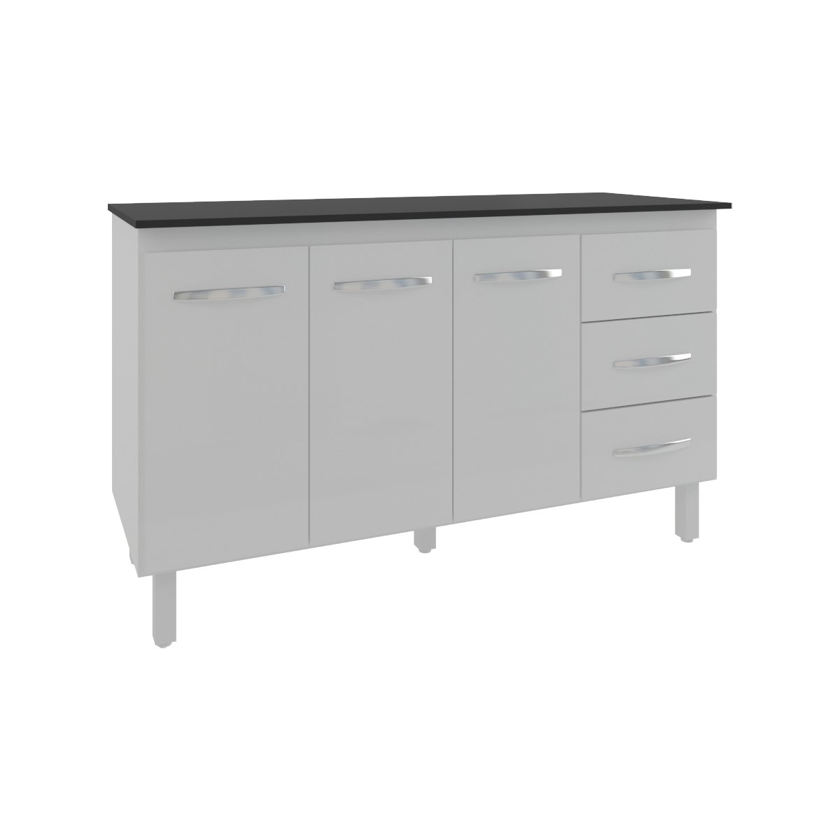 Balcão Gabinete Armário Cozinha Carine Branco com Tampo Tampão 140 cm Mobília Decor Preto 
