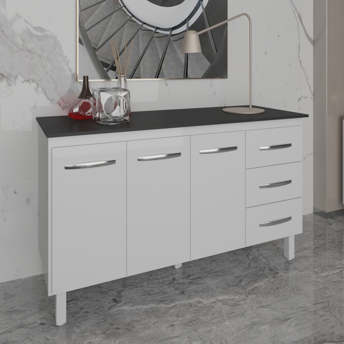 Balcão Gabinete Armário Cozinha Carine Branco com Tampo Tampão 140 cm Mobília Decor Preto 
