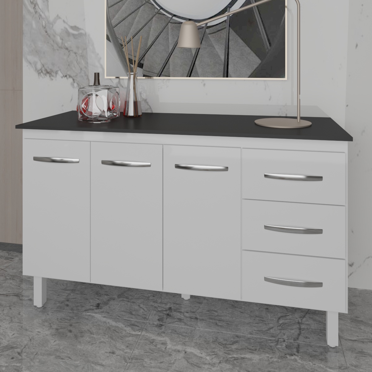 Balcão Gabinete Armário Cozinha Carine Branco com Tampo Tampão 140 cm Mobília Decor Preto 