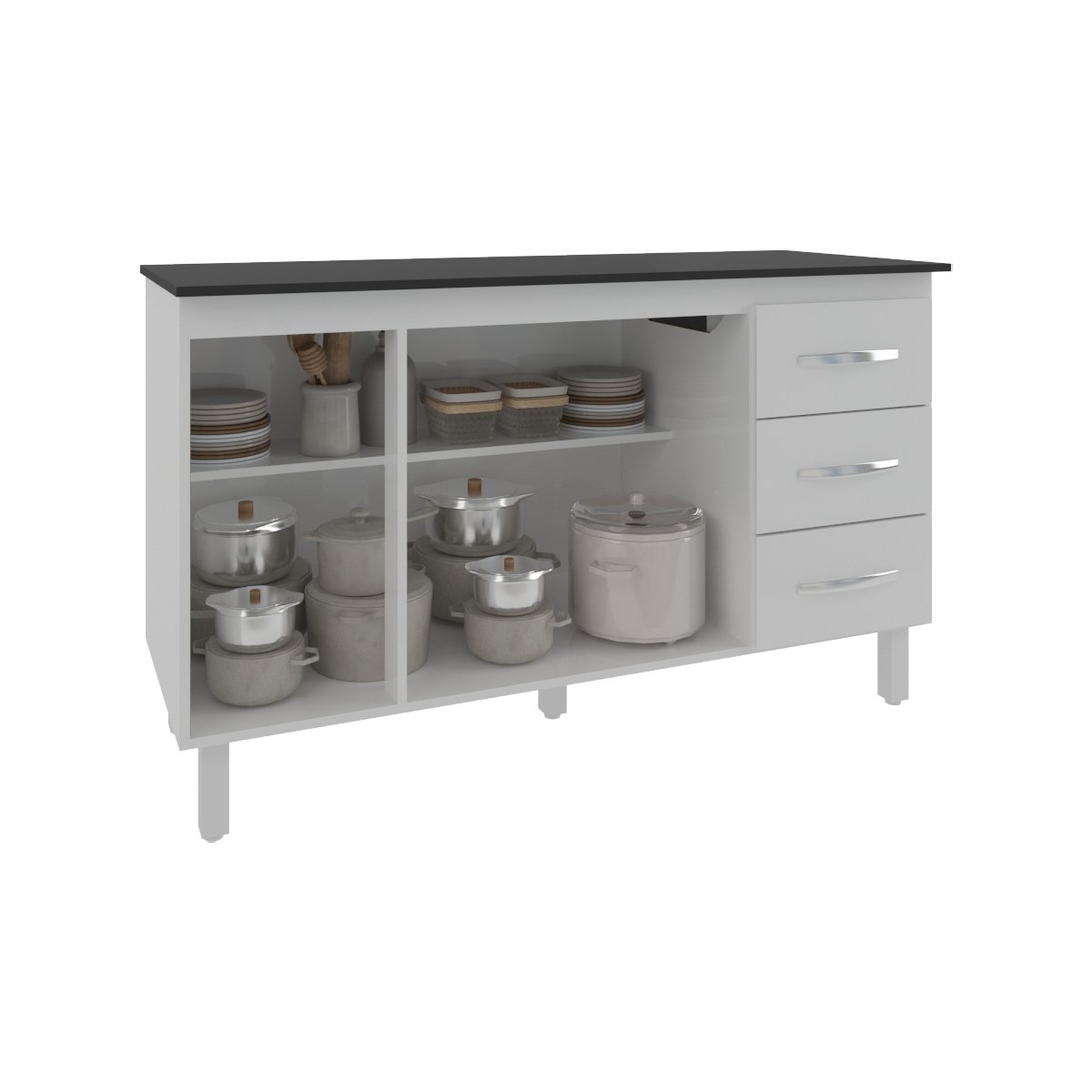 Balcão Gabinete Armário Cozinha Carine Branco com Tampo Tampão 140 cm Mobília Decor Preto 
