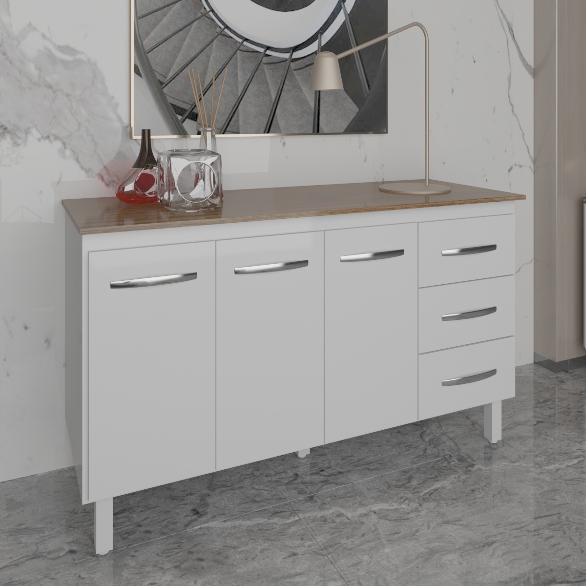 Balcão Gabinete Armário Cozinha Carine Branco com Tampo Tampão 140 cm Mobília Decor Savana 