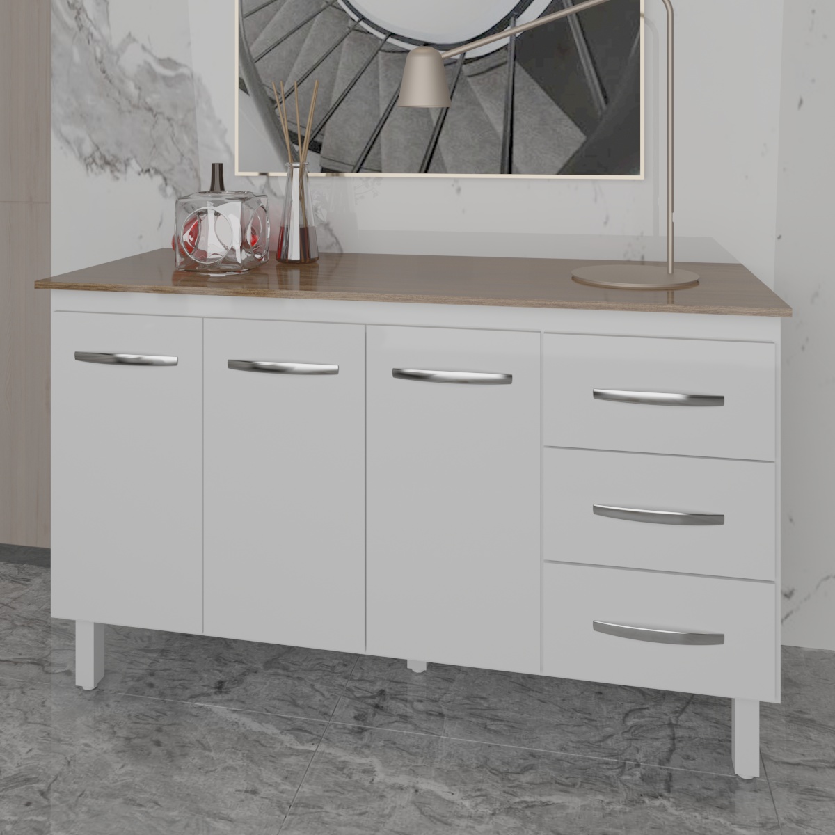Balcão Gabinete Armário Cozinha Carine Branco com Tampo Tampão 140 cm Mobília Decor Savana 
