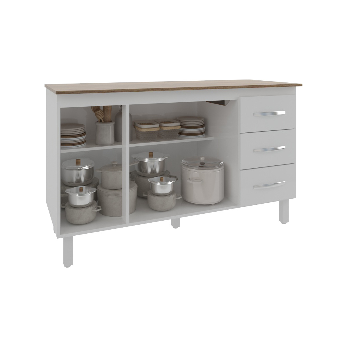 Balcão Gabinete Armário Cozinha Carine Branco com Tampo Tampão 140 cm Mobília Decor Savana 