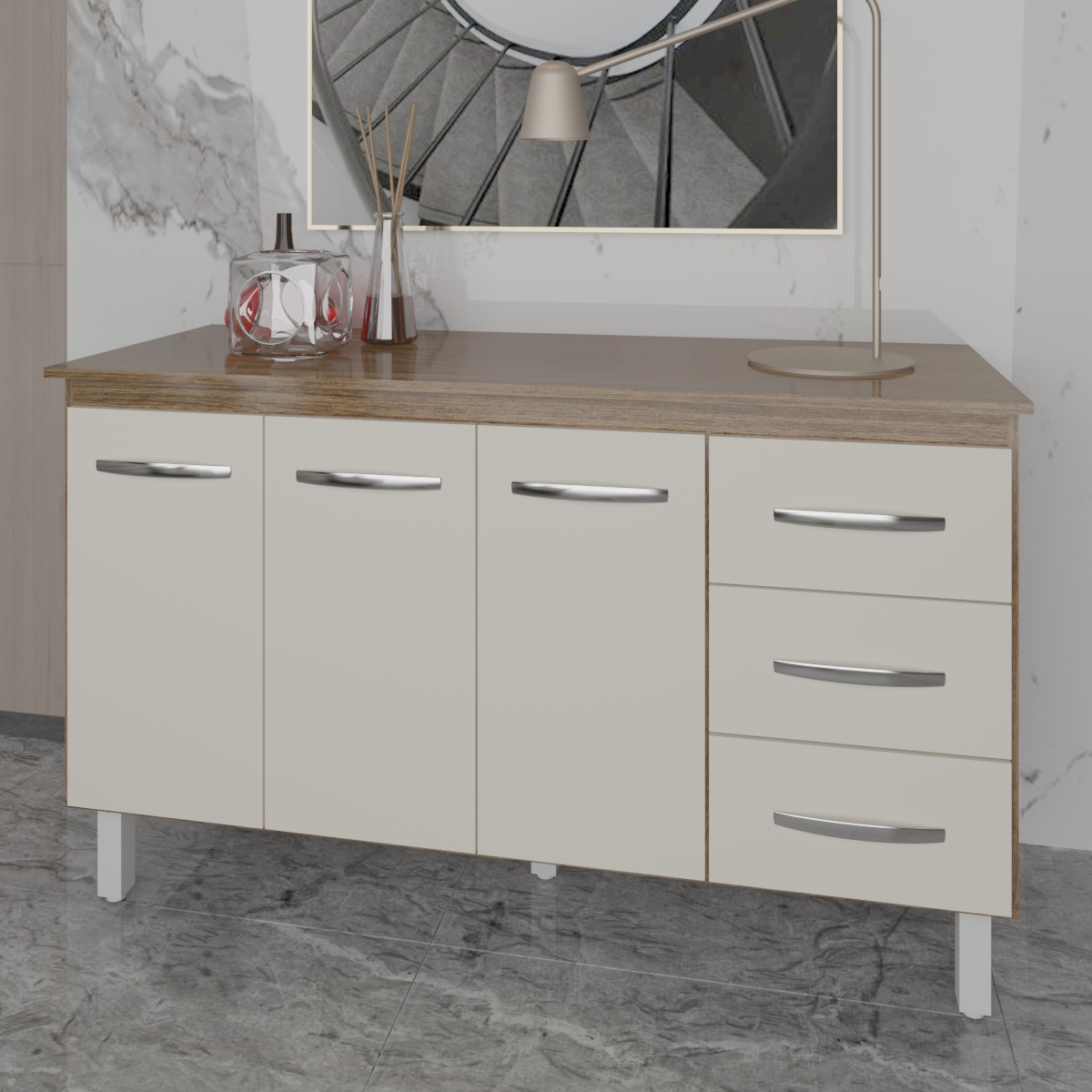 Balcão Gabinete Armário Cozinha Carine Savana Off White com Tampo Tampão 140 cm Mobília Decor Savana 
