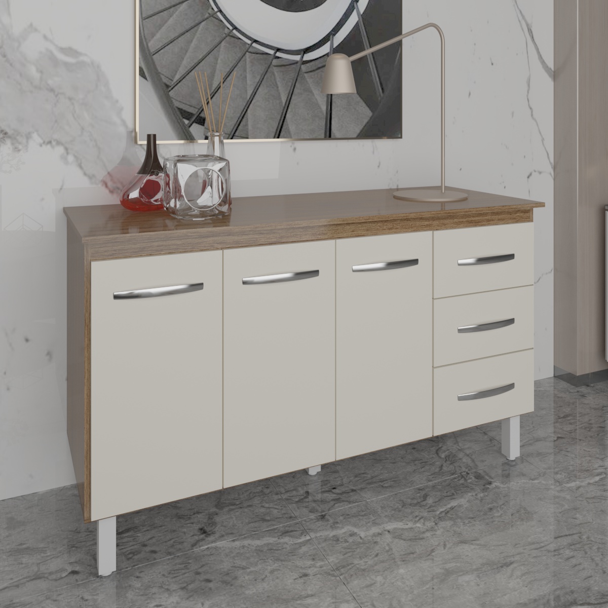 Balcão Gabinete Armário Cozinha Carine Savana Off White com Tampo Tampão 140 cm Mobília Decor Savana 