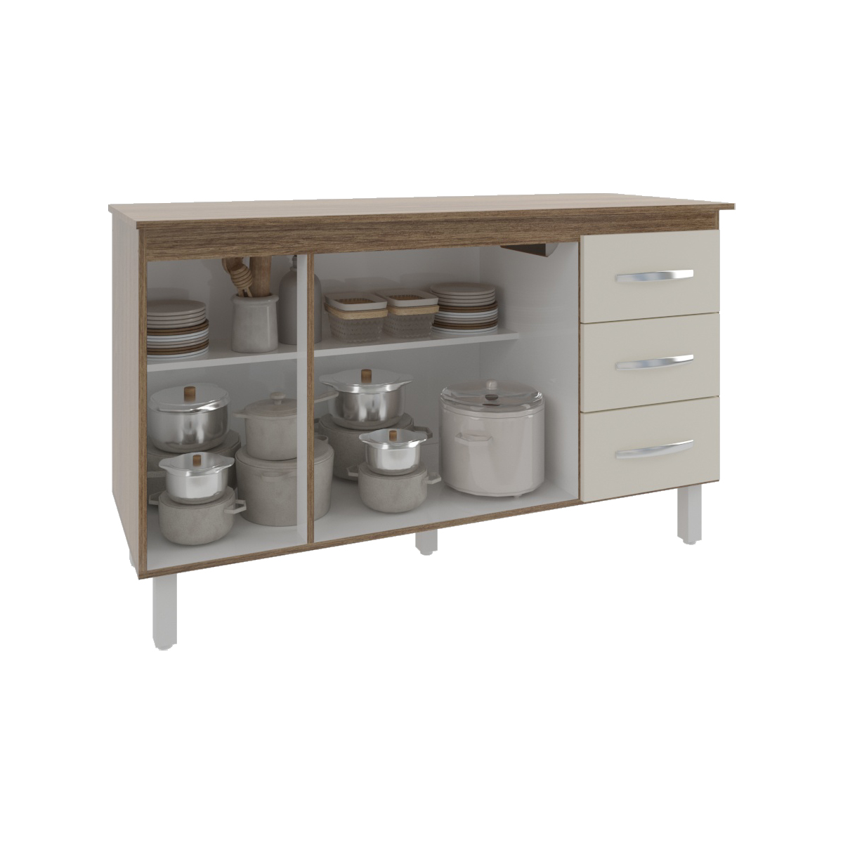 Balcão Gabinete Armário Cozinha Carine Savana Off White com Tampo Tampão 140 cm Mobília Decor Savana 