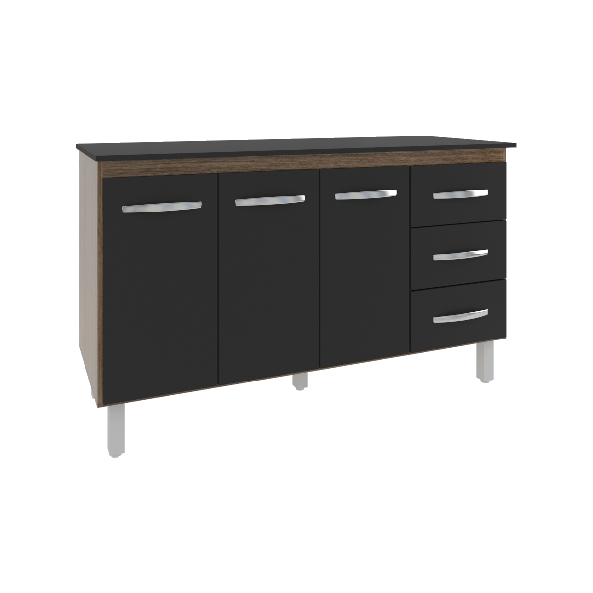 Balcão Gabinete Armário Cozinha Carine Savana Preto com Tampo Tampão 140 cm Mobília Decor Preto 