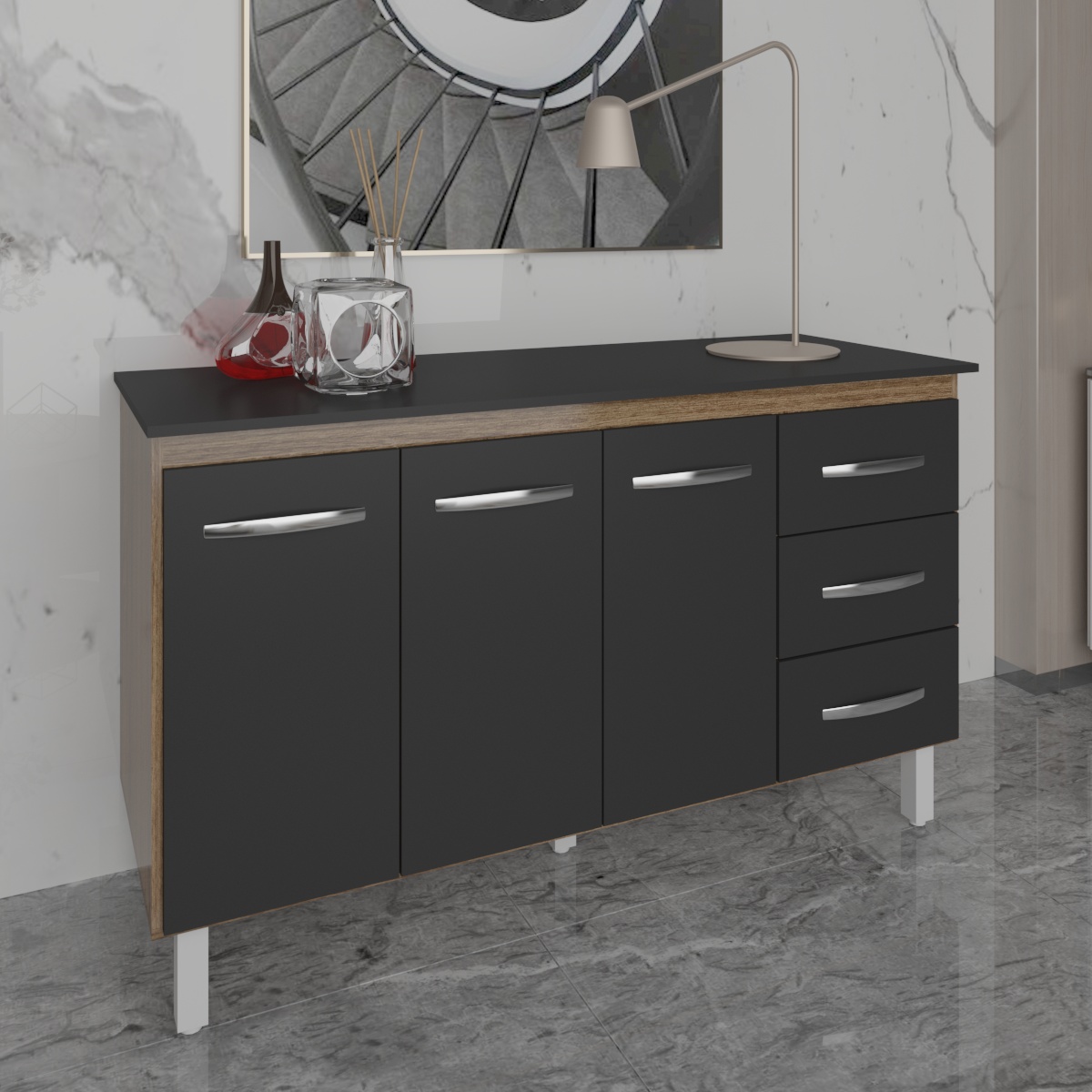 Balcão Gabinete Armário Cozinha Carine Savana Preto com Tampo Tampão 140 cm Mobília Decor Preto 
