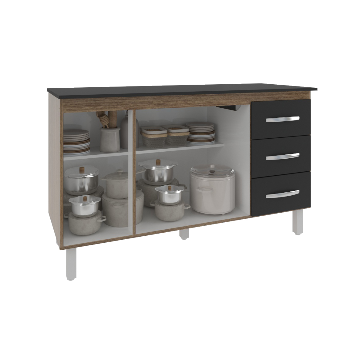 Balcão Gabinete Armário Cozinha Carine Savana Preto com Tampo Tampão 140 cm Mobília Decor Preto 