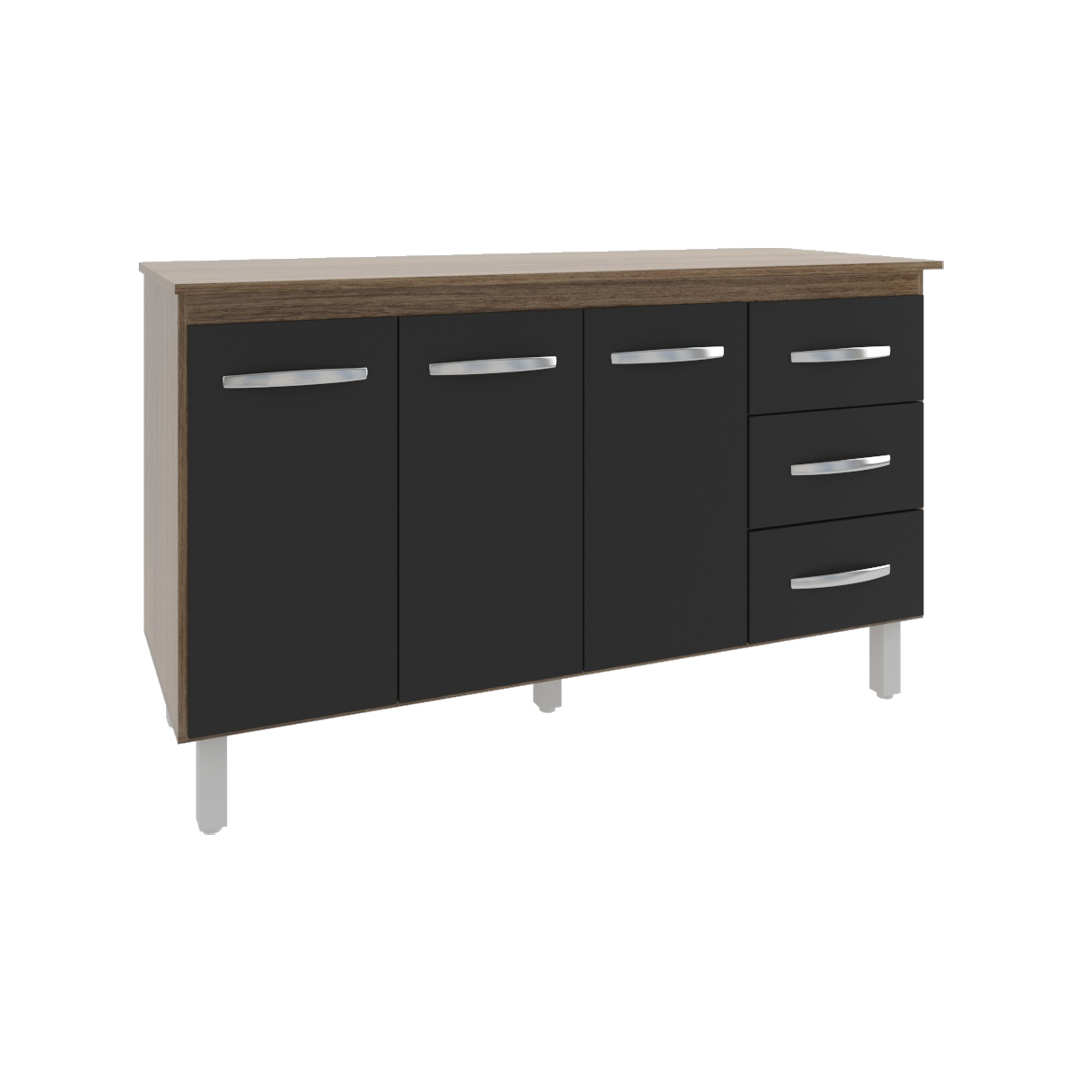 Balcão Gabinete Armário Cozinha Carine Savana Preto com Tampo Tampão 140 cm Mobília Decor Savana 