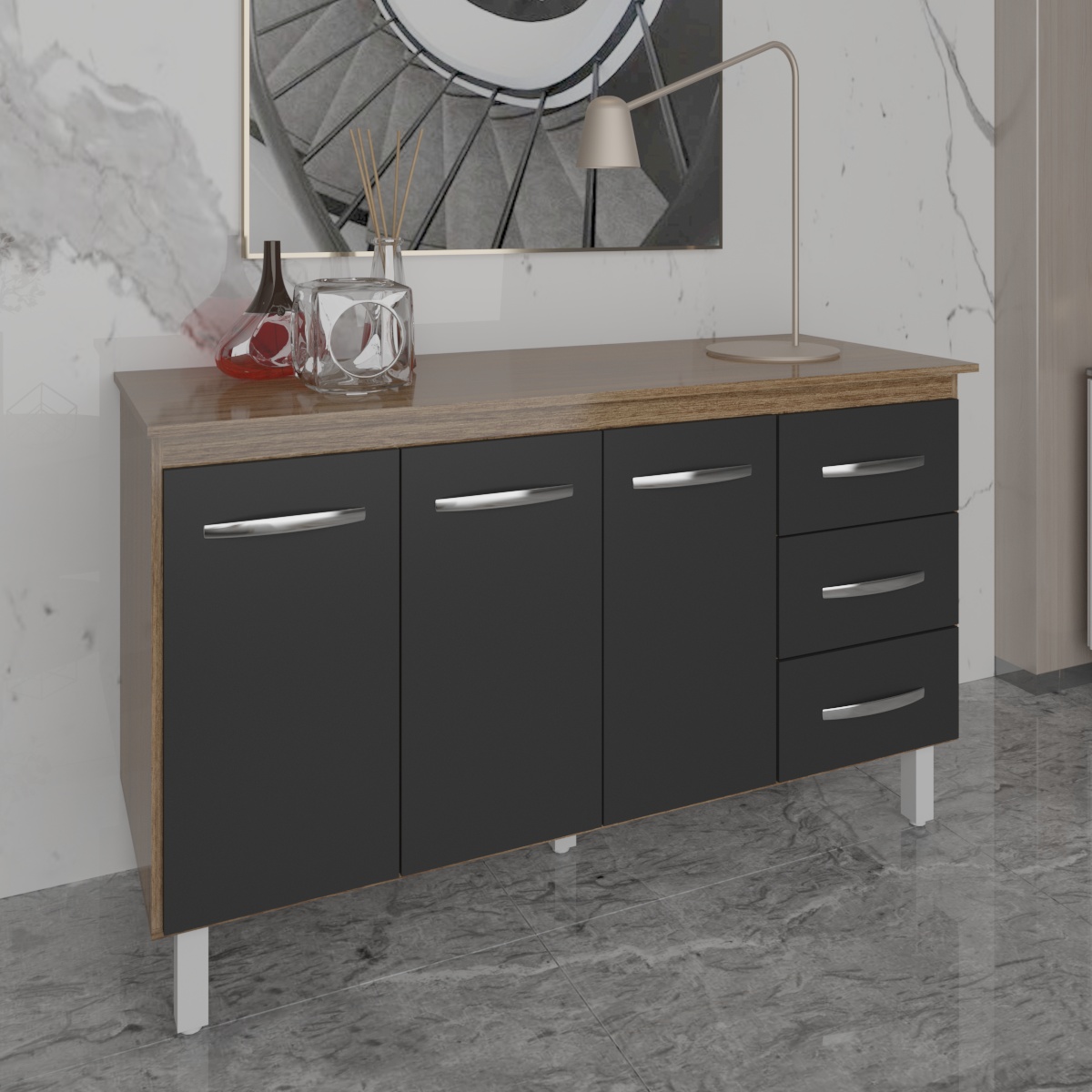 Balcão Gabinete Armário Cozinha Carine Savana Preto com Tampo Tampão 140 cm Mobília Decor Savana 