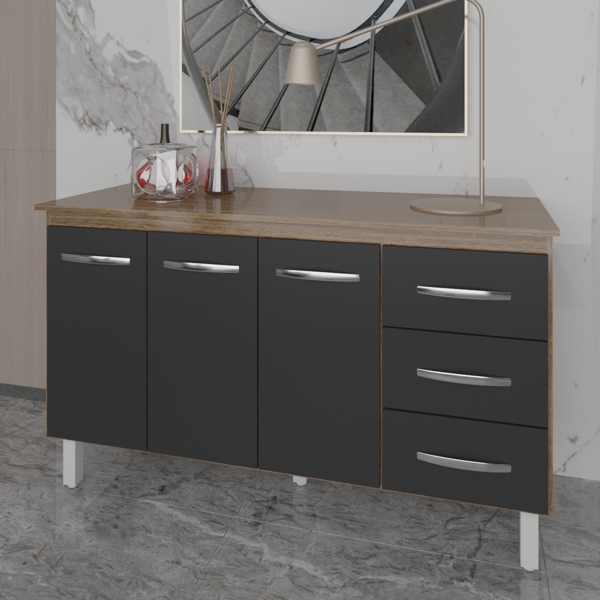 Balcão Gabinete Armário Cozinha Carine Savana Preto com Tampo Tampão 140 cm Mobília Decor Savana 