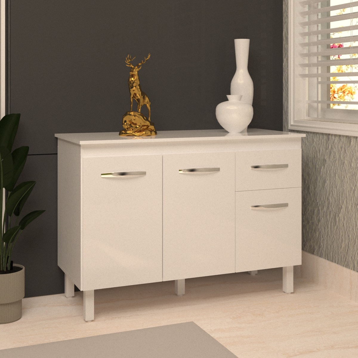 Balcão Gabinete Para Pia 118 cm Cozinha Aline Branco com Tampo Tampão 120 cm Branco 