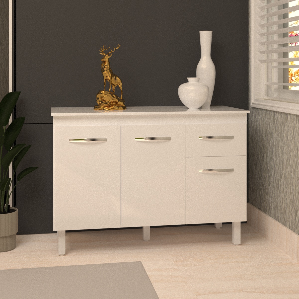 Balcão Gabinete Para Pia 118 cm Cozinha Aline Branco com Tampo Tampão 120 cm Branco 