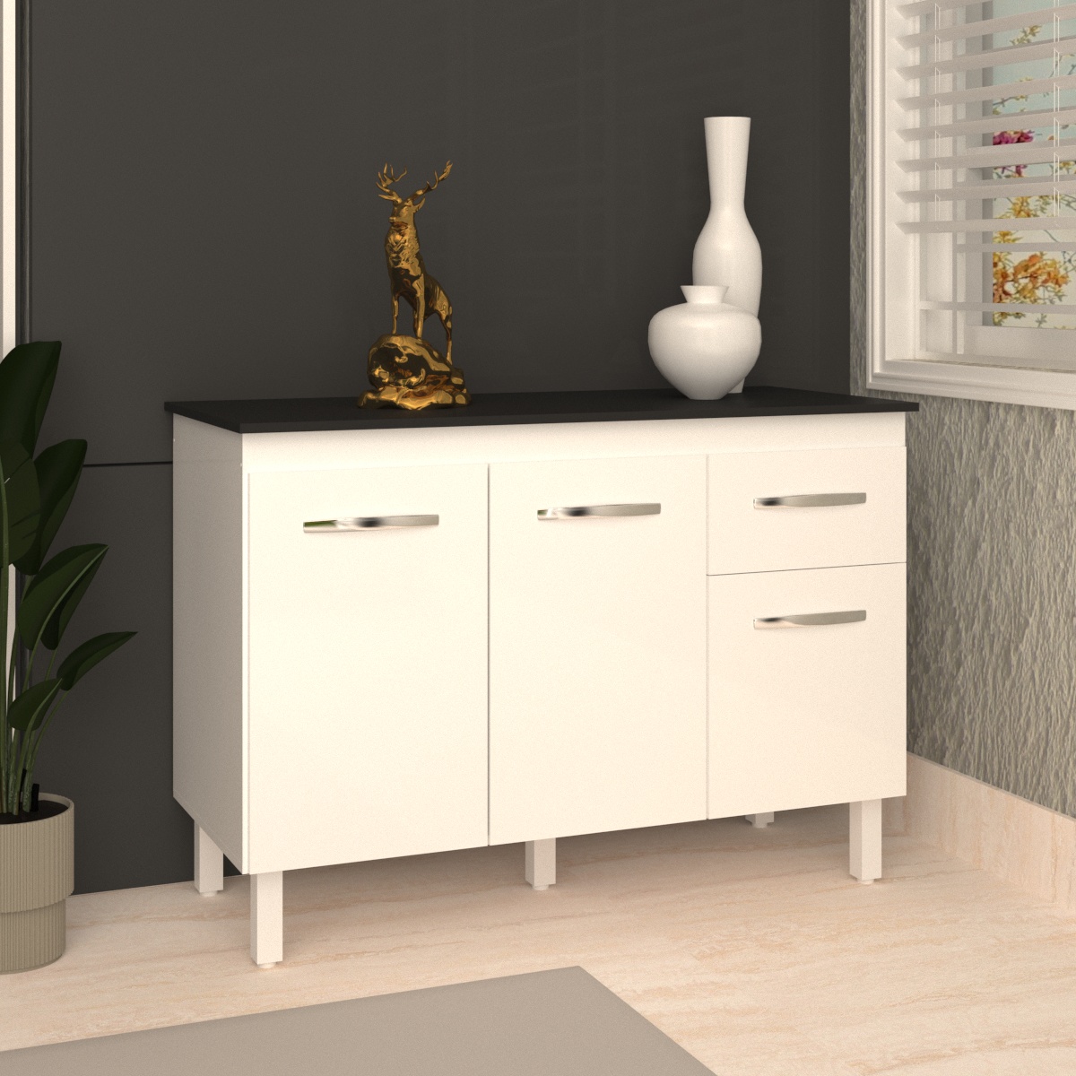 Balcão Gabinete Para Pia 118 cm Cozinha Aline Branco com Tampo Tampão 120 cm Preto 