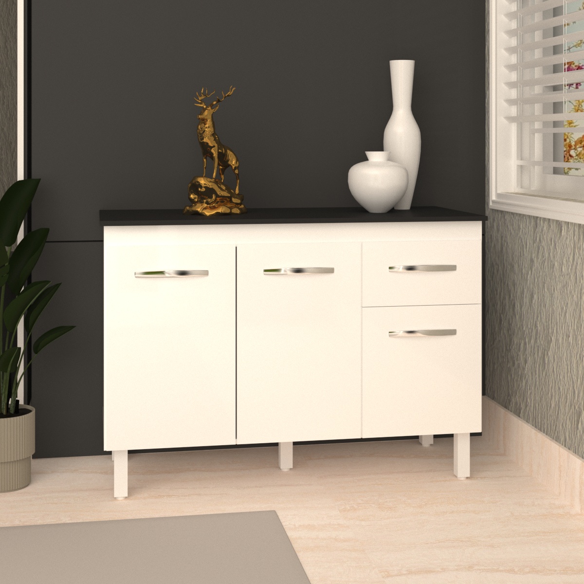 Balcão Gabinete Para Pia 118 cm Cozinha Aline Branco com Tampo Tampão 120 cm Preto 
