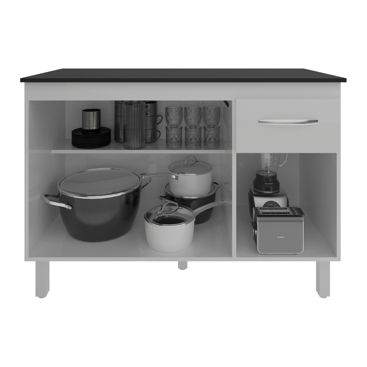Balcão Gabinete Para Pia 118 cm Cozinha Aline Branco com Tampo Tampão 120 cm Preto 