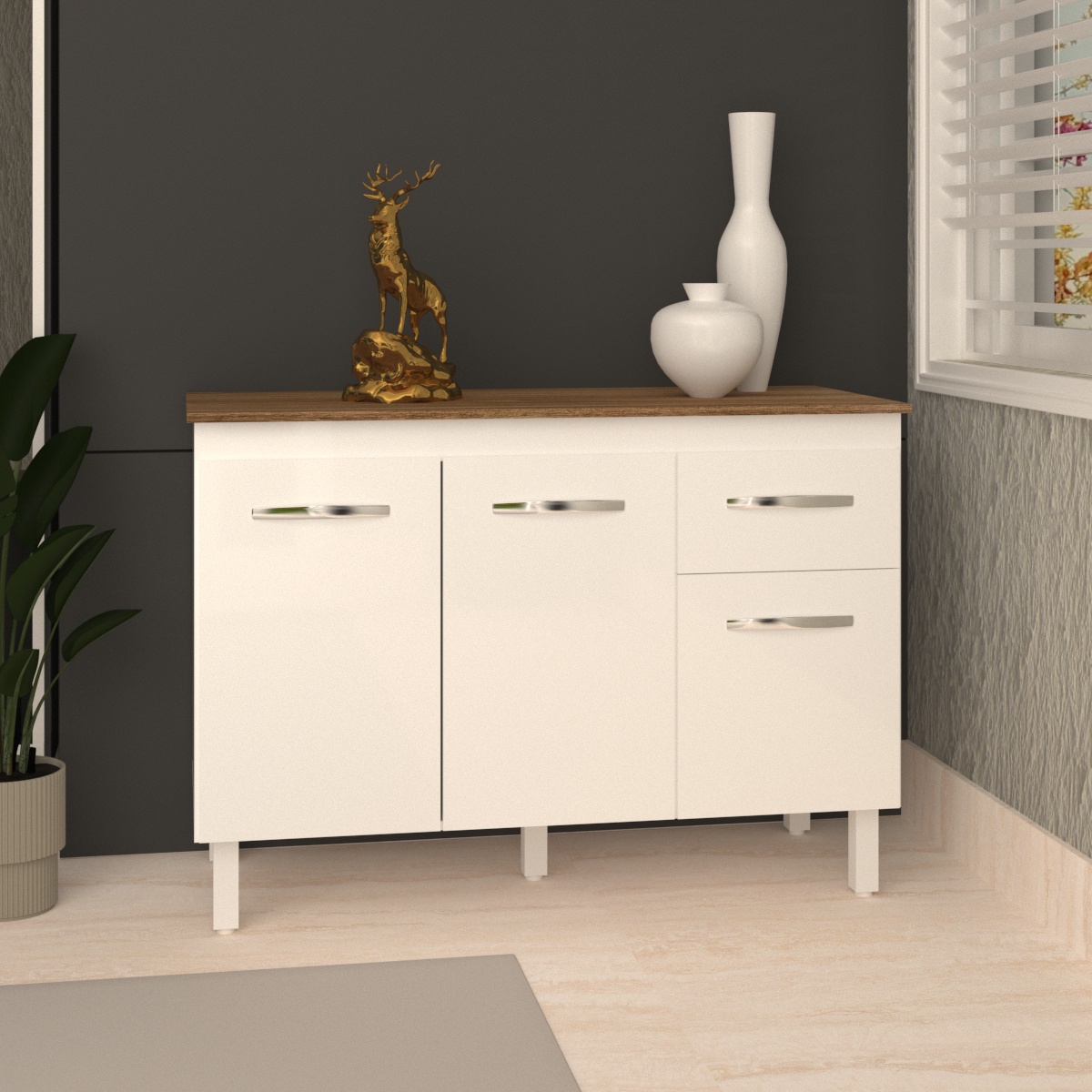Balcão Gabinete Para Pia 118 cm Cozinha Aline Branco com Tampo Tampão 120 cm Savana 