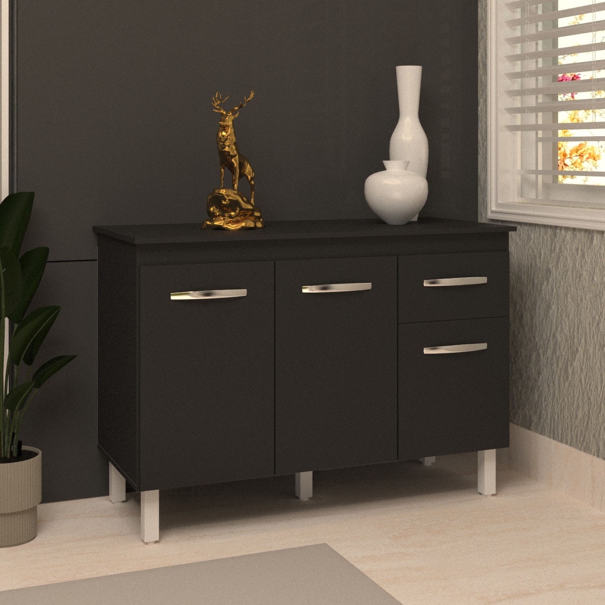 Balcão Gabinete Para Pia 118 cm Cozinha Aline Preto com Tampo Tampão 120 cm Preto 