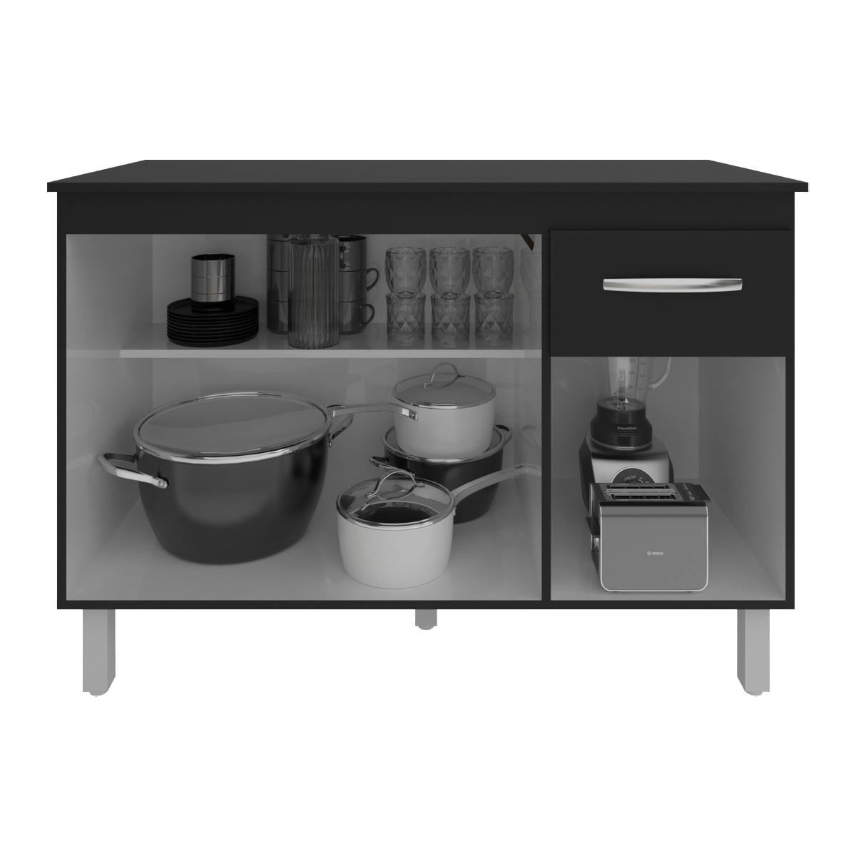 Balcão Gabinete Para Pia 118 cm Cozinha Aline Preto com Tampo Tampão 120 cm Preto 