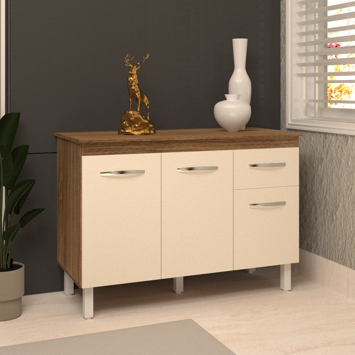 Balcão Gabinete Para Pia 118 cm Cozinha Aline Savana Off White com Tampo Tampão 120 cm Savana 