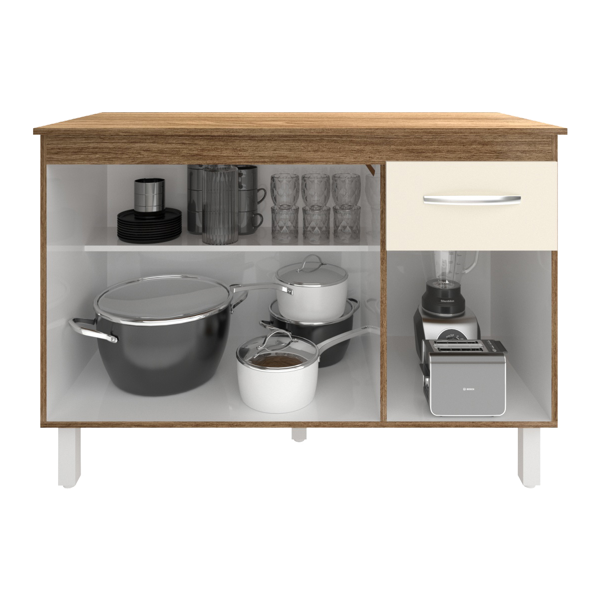 Balcão Gabinete Para Pia 118 cm Cozinha Aline Savana Off White com Tampo Tampão 120 cm Savana 