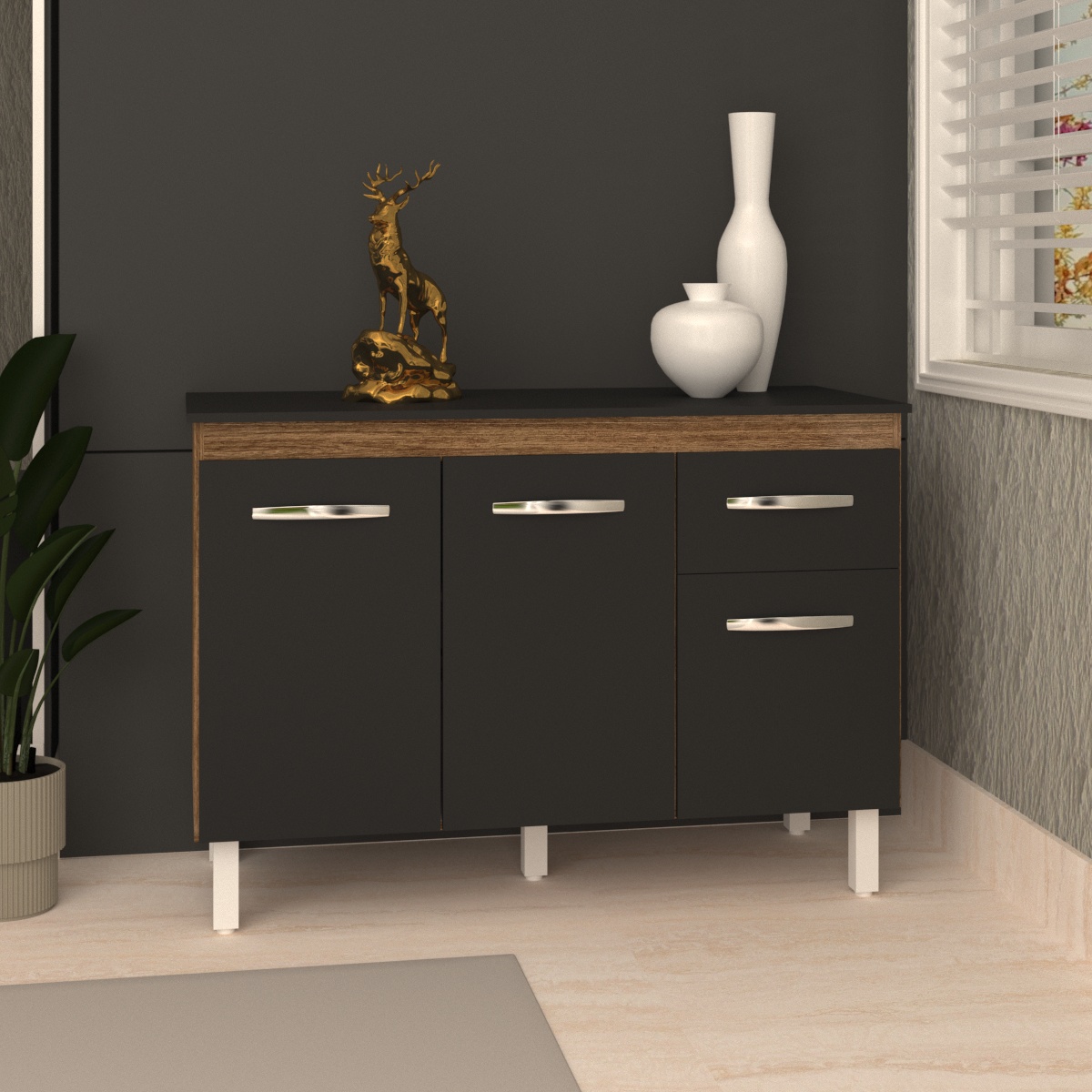 Balcão Gabinete Para Pia 118 cm Cozinha Aline Savana Preto com Tampo Tampão 120 cm Preto 