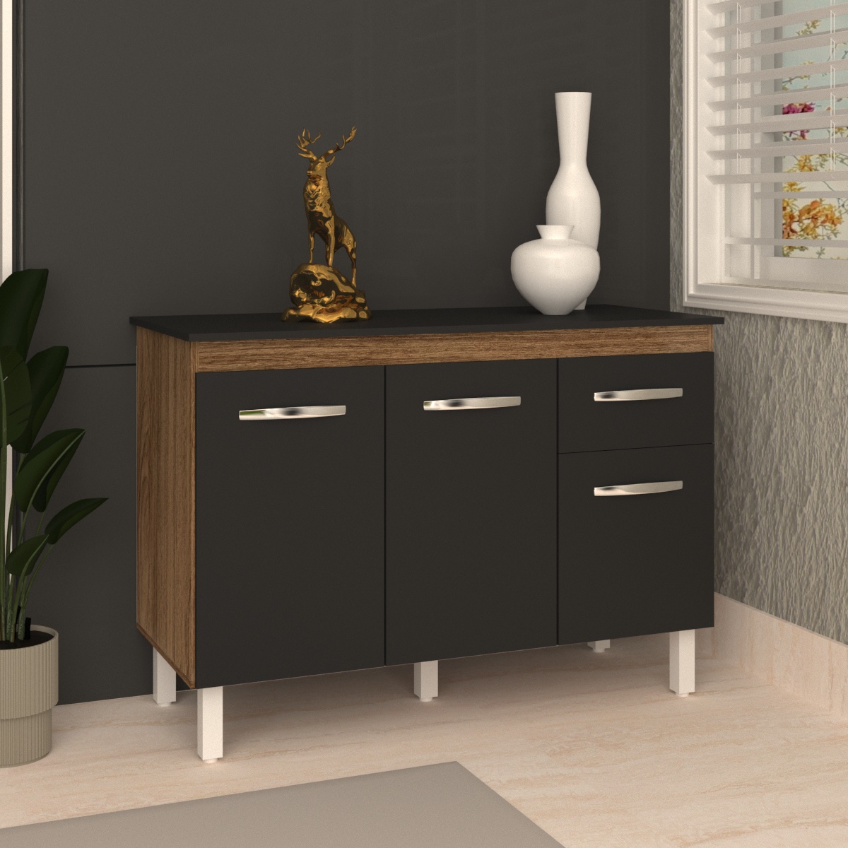 Balcão Gabinete Para Pia 118 cm Cozinha Aline Savana Preto com Tampo Tampão 120 cm Preto 