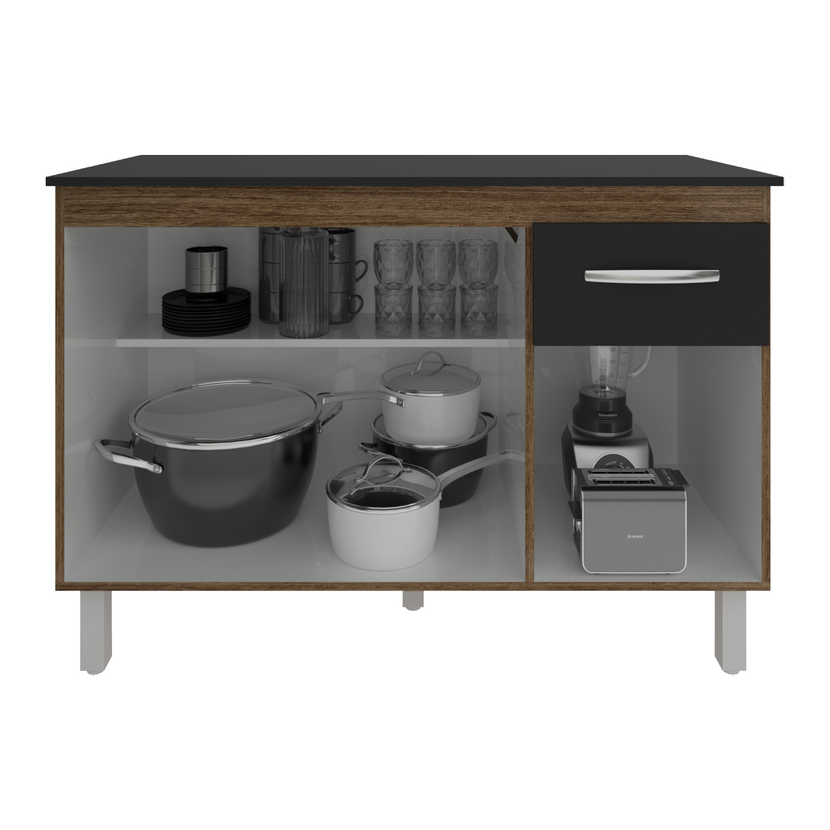 Balcão Gabinete Para Pia 118 cm Cozinha Aline Savana Preto com Tampo Tampão 120 cm Preto 