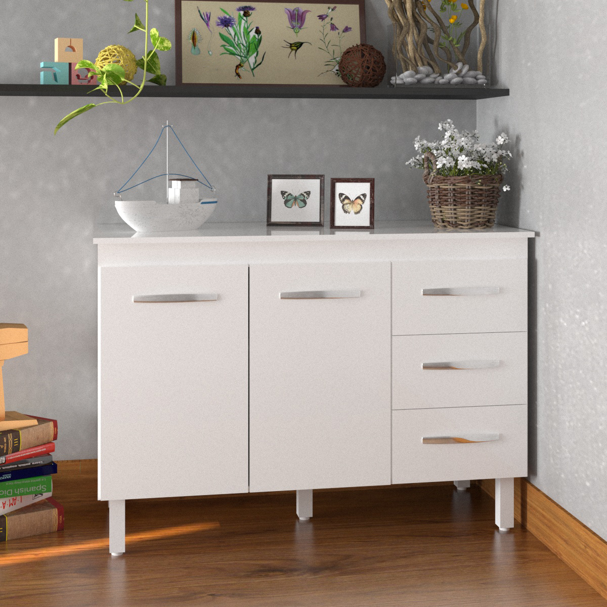 Balcão Gabinete Para Pia 118 cm Cozinha Bruna Branco com Tampo Tampão 120 cm Branco 