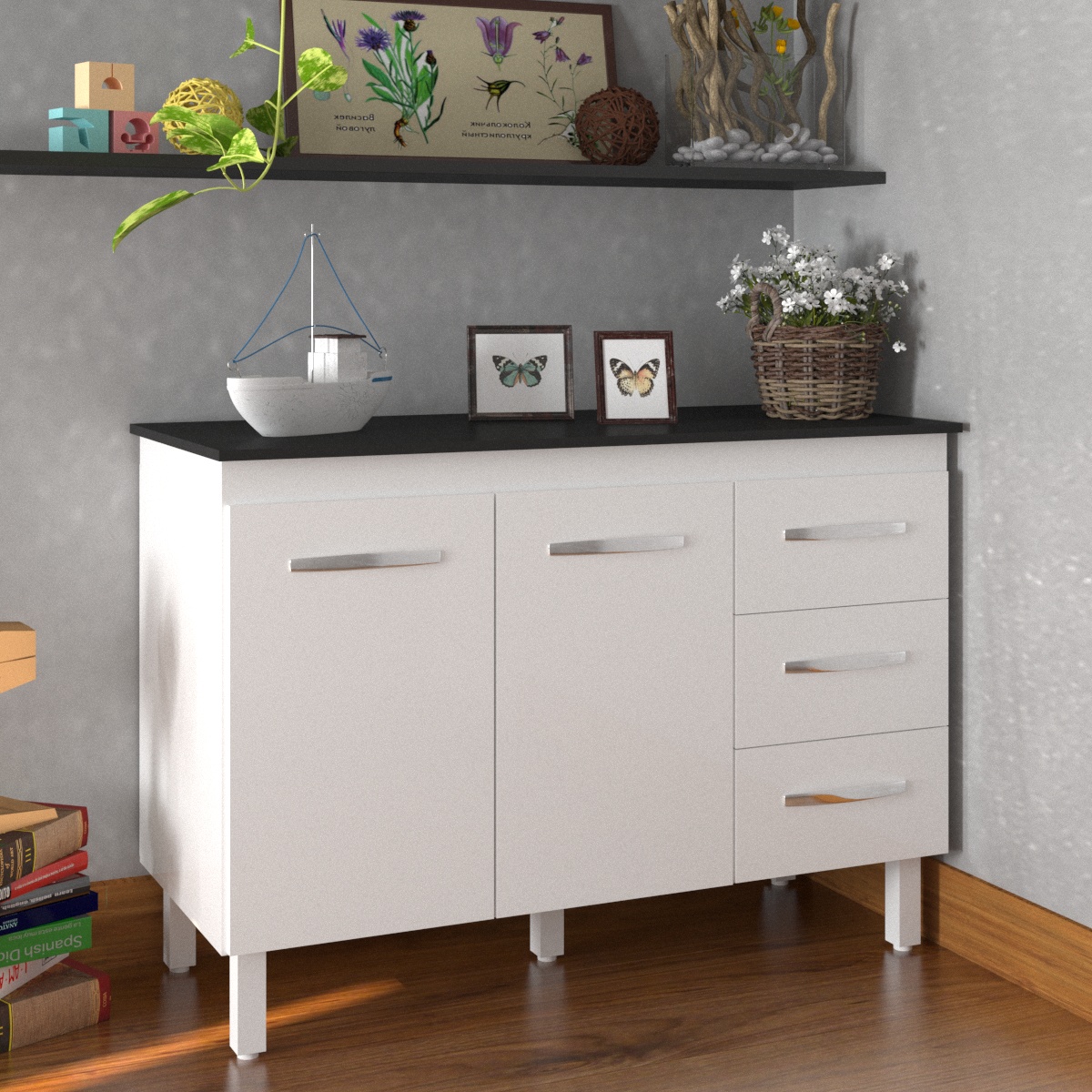 Balcão Gabinete Para Pia 118 cm Cozinha Bruna Branco com Tampo Tampão 120 cm Preto 