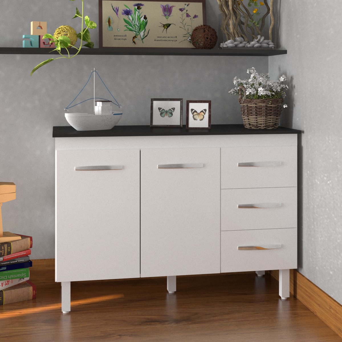 Balcão Gabinete Para Pia 118 cm Cozinha Bruna Branco com Tampo Tampão 120 cm Preto 